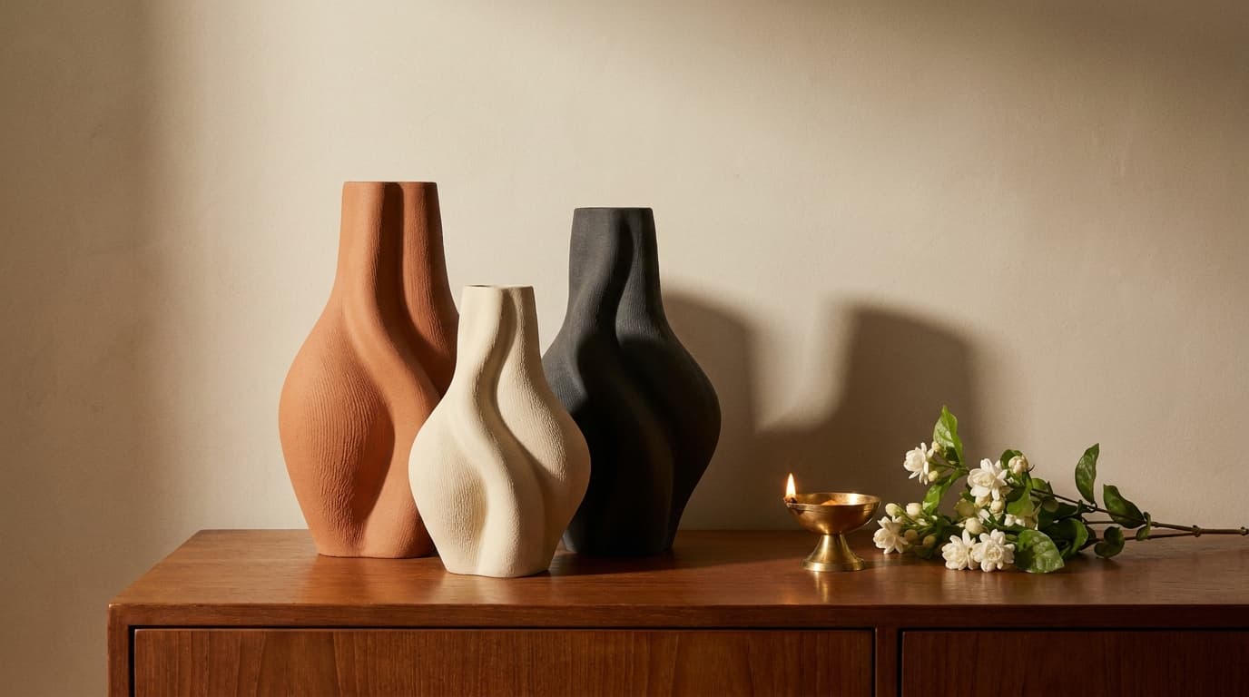 Three AALAY vases in terracotta PETG, corn-starch PLA and charcoal, beside a brass diya