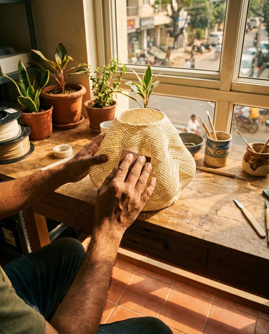 Hands sanding a printed lamp body in the AALAY studio
